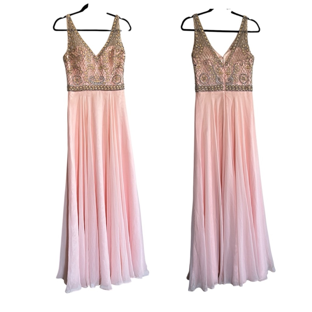 PAGEANT FORMAL WEDDING GLOW PINK BEADED CHIFFON DRESS SZ 4 LONG GOWN FLOWY